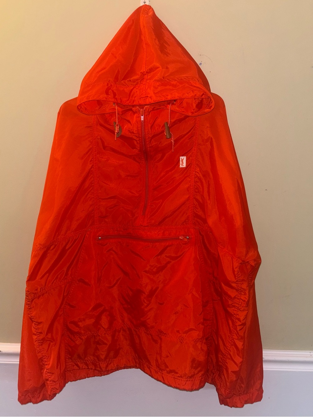 vintage Saint Laurent red nylon hooded anorak pullover windbreaker.
